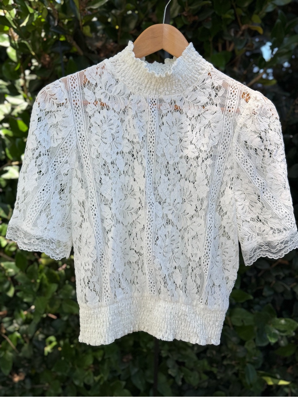 White Lace Mock-Neck Blouse by Peach